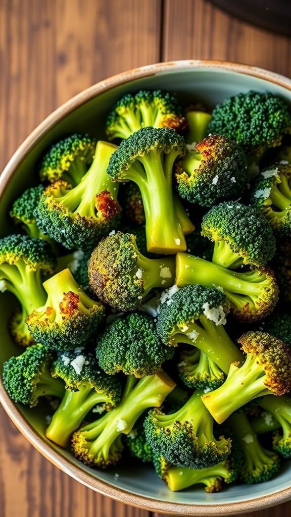 Crispy air fryer broccoli florets garnished with Parmesan cheese on a wooden table.